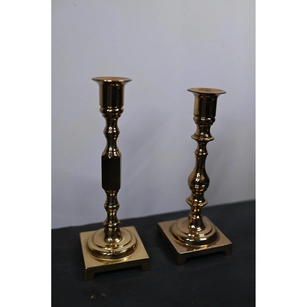 Vintage Square Bottom Brass Candle Stick Holders Set of 2 Gold Taper 7.25 inch